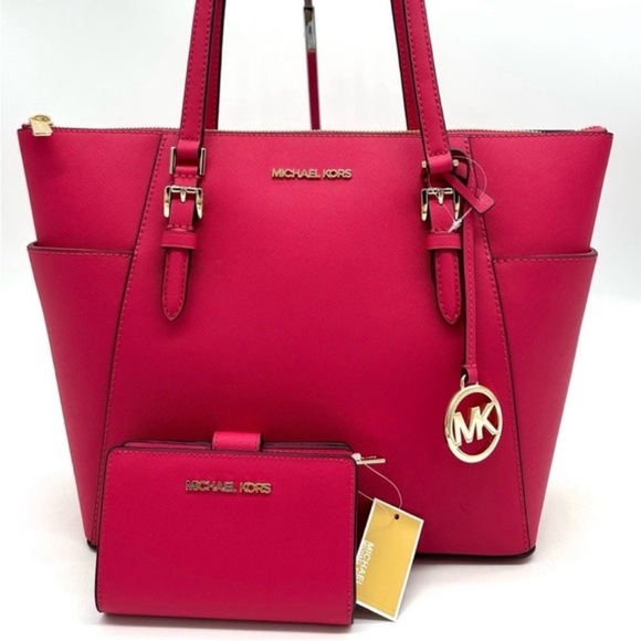 Michael Kors Large Charlotte Tote Bag & MD Bifold Zip Chain Wallet Electric Pink - Picture 2 of 14